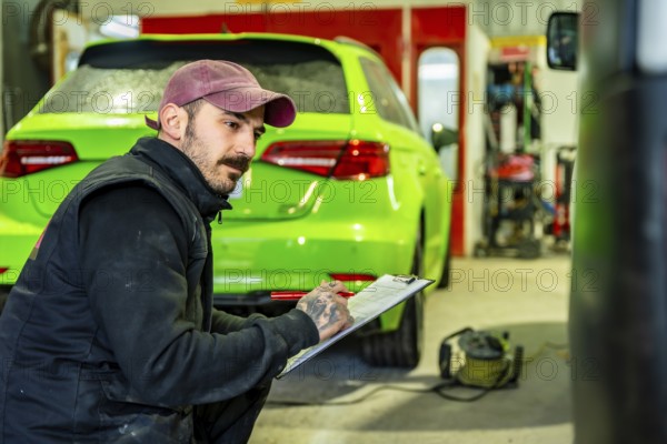 Automotive technician crouching and writing notes on a clipboard during a vehicle inspection or repair assessment at a professional car body and paint shop