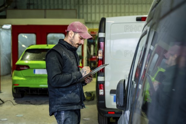Auto body technician wearing a cap and vest carefully inspecting a vehicle and writing notes on a clipboard, standing between a white van and a neon green car in a repair garage