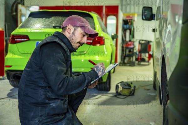 Auto body technician wearing a cap and overalls making notes on a clipboard while inspecting a green car in a professional workshop, focusing on quality control and vehicle maintenance