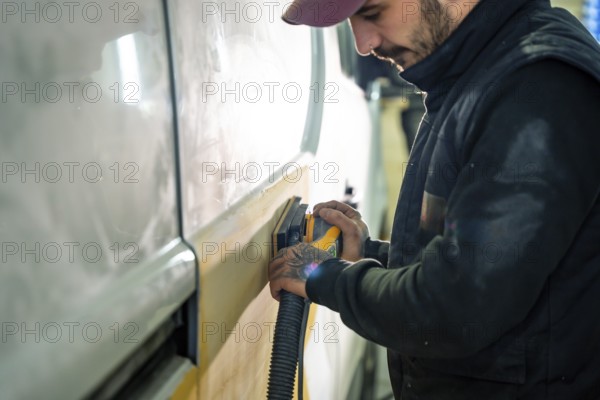 Mechanic working carefully, sanding a vehicle body panel with an orbital sander to prepare it for painting in an automotive body and paint repair shop