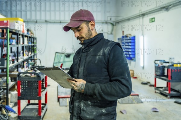 Male technician wearing a cap and vest standing in an automotive workshop, holding a clipboard and pen, reviewing a checklist for vehicle car body repairs or maintenance