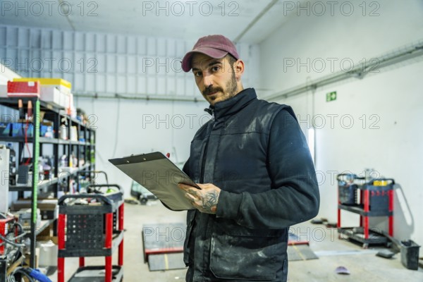 Auto body shop worker inspecting a vehicle or damage with a clipboard in a professional garage environment, performing car repair service and maintenance tasks