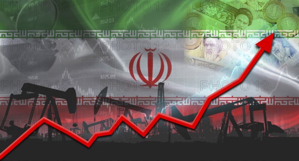 Oil pumps with Iranian flag. Oil production with Iran flag, petrol industry