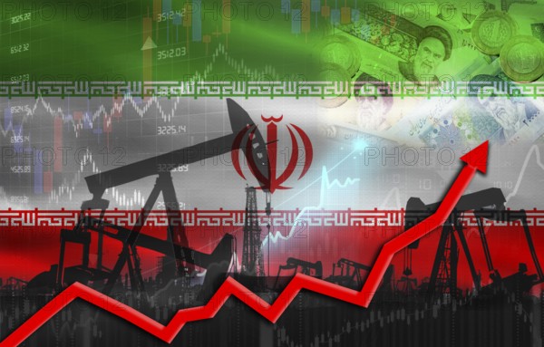 Oil production with Iran flag, petrol industry. Oil pumps with Iran flag