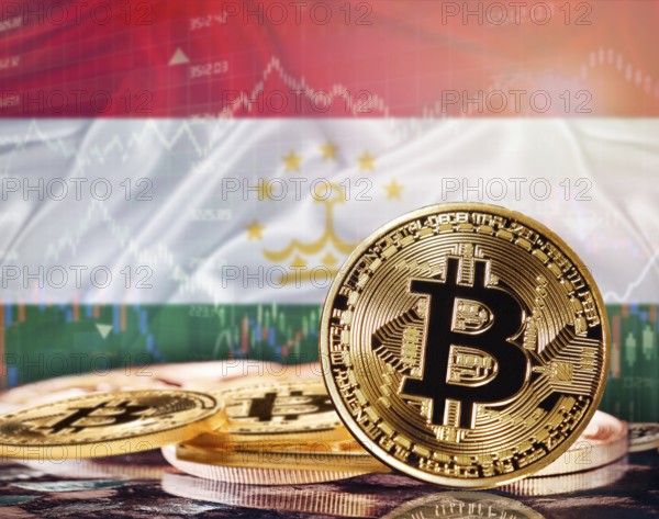 Bitcoin with Tajikistan flag in the background. Investors in cryptocurrency and Blockchain Technology in Tajikistan, Concept