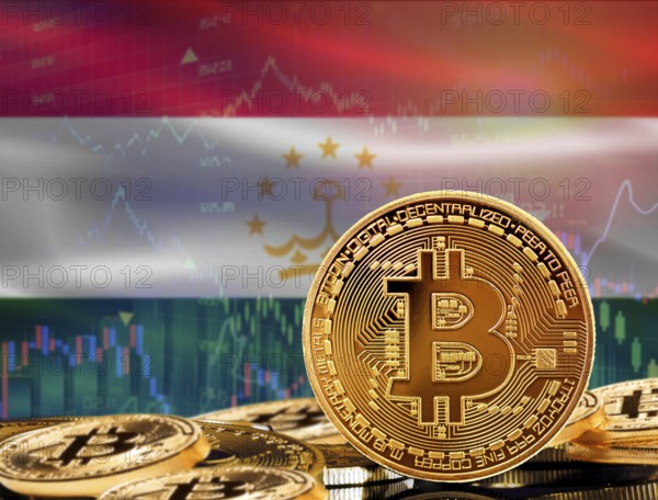 Investors in cryptocurrency and Blockchain Technology in Tajikistan, Concept. Bitcoin with Tajikistan flag in the background