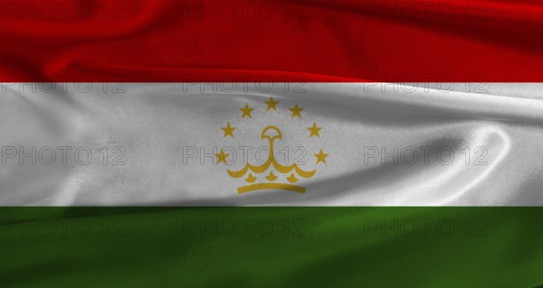 Flag of Tajikistan with fabric textured background. Close up of National flag of Tajikistan with realistic texture
