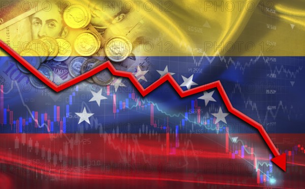 Venezuela financial fall on economy market. Venezuela financial crisis on economic graph