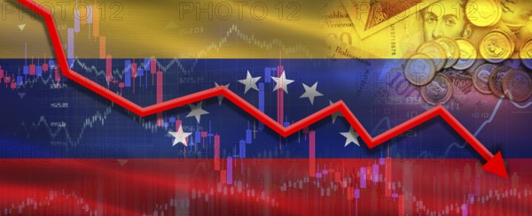 Venezuelan financial crisis on economic graph. Financial fall of Venezuela on economy market