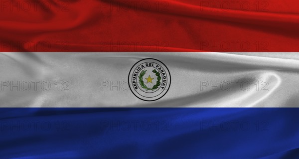 Flag of Paraguay with fabric textured background. Close up of National flag of Paraguay with realistic texture