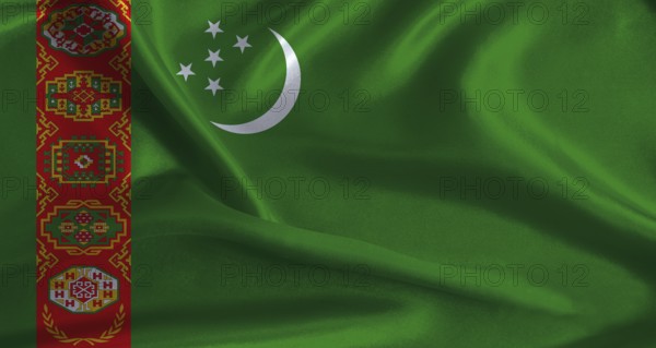 Turkmenistan flag with cloth textured background. National flag of Turkmenistan with realistic texture