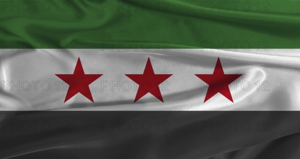 Flag of Syria with fabric textured background. Close up of National flag of Syria with realistic texture
