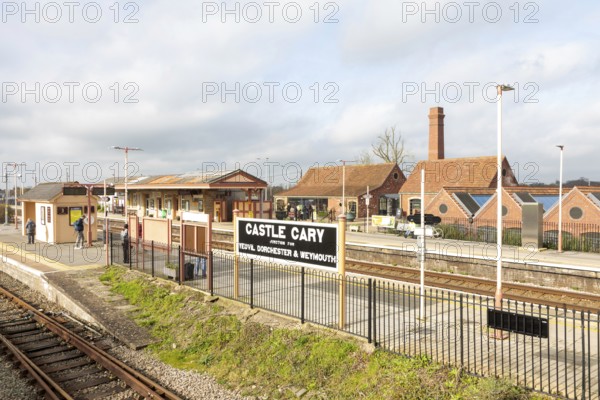 View over railway station platforms and buildings, Castle Cary, Somerset, England, UK