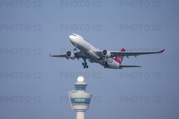 Turkish Airways Airbus A330 aircraft takes off from Kaagbaan runway, 06/24, at Amsterdam Schiphol Airport, AMS, Air Traffic Control Tower, Netherlands