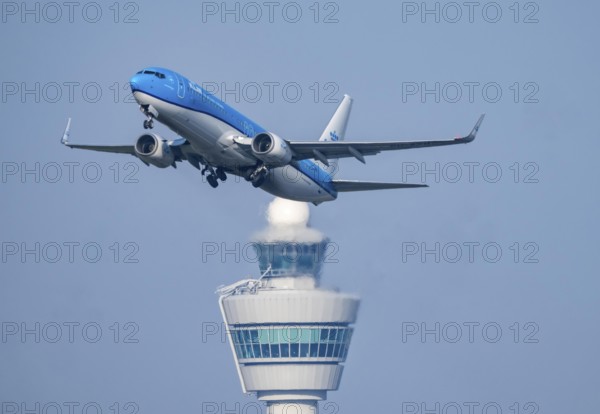 KLM Boeing 737, aircraft taking off from Kaagbaan runway, 06/24, at Amsterdam Schiphol Airport, AMS, Air Traffic Control Tower, Netherlands