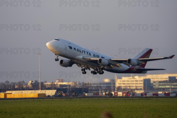 US cargo plane, Kalitta Air Boeing 747-400, aircraft taking off from Kaagbaan runway, 06/24, at Amsterdam Schiphol Airport, AMS, Netherlands