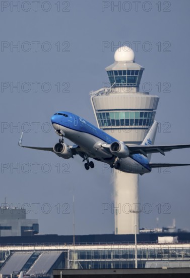 KLM Boeing 737, aircraft taking off from Kaagbaan runway, 06/24, at Amsterdam Schiphol Airport, AMS, Air Traffic Control Tower, Netherlands