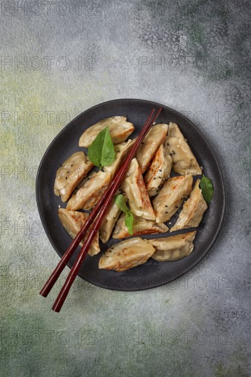 Japanese fried dumplings, gyoza, sesame seeds, top view, no people