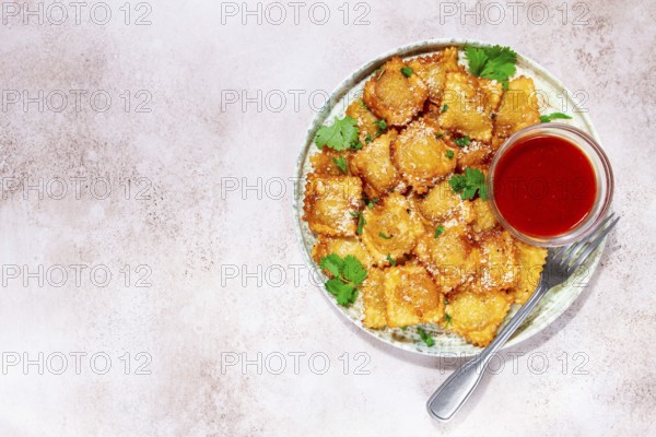 Fried ravioli with parmesan cheese, served with red sauce and garnished with herbs, on a light background, no people