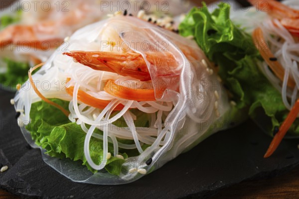 Shrimp rice paper rolls on a black plate with fresh vegetables and sesame seeds