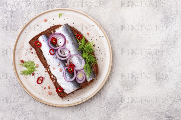 Sandwiches, Herring fish, on dark rye bread, sprinkled with onion, chili pepper and herbs, on a light plate
