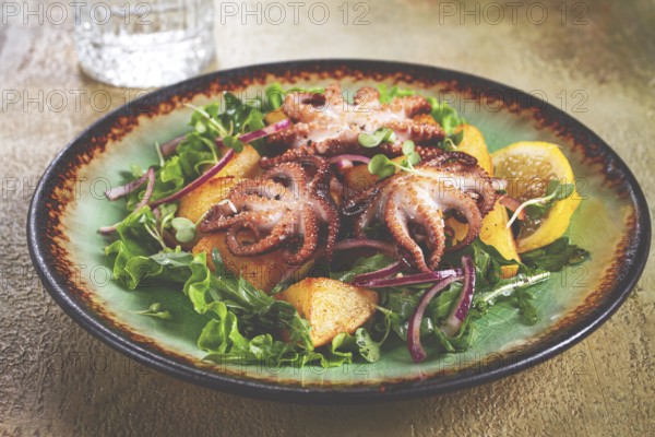 Warm salad, grilled mini octopus, with potatoes and fresh herbs, homemade, no people