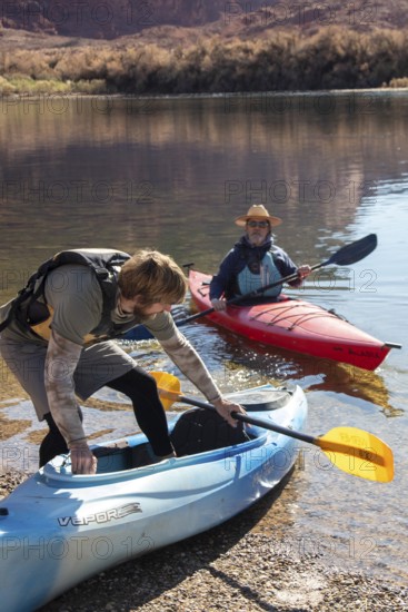 Lee's Ferry, Arizona - Kayakers launch their boats at Lee's Ferry on the Colorado River. A ferry operated here from 1873 until 1929. It is now the site where boaters launch to float through the Grand Canyon