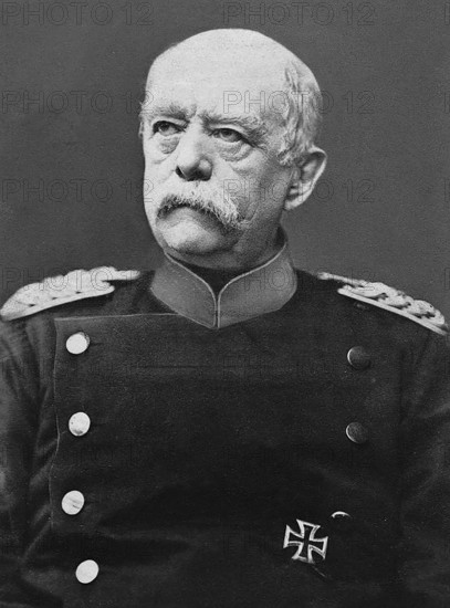 Otto von Bismark, Germany's first Reich Chancellor in uniform, portrait in 1885. German politician and statesman. From 1862 to 1890 — with a brief interruption in 1873, Minister President in Prussia, from 1867 to 1871 also Chancellor of the North German Confederation. From 1871 to 1890 he was the first Reich Chancellor of the German Empire. In the Franco-Prussian War of 1870/71, he was the driving force behind the founding of the German Empire. With his alliance policy, he focused on balancing European powers in foreign policy and opposed German colonial policy for a long time. contemporary history, historical