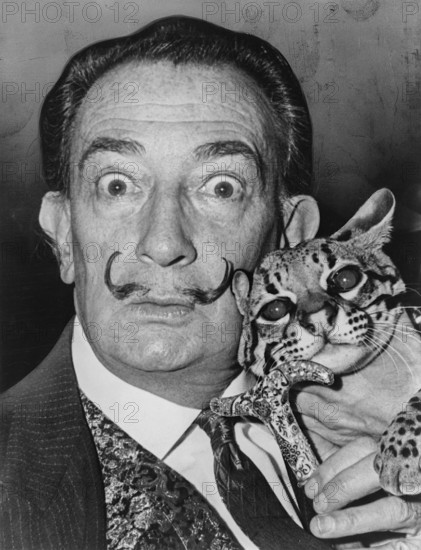 Salvador Dali with his cat Ocelot, 1965 Salvador Dali is a Spanish artist and one of the main representatives of Surrealism. He was known for his eccentric behavior. His proximity to Spanish dictator Francisco Franco makes him a controversial figure despite his great artistic achievements. contemporary history, historical, Spain