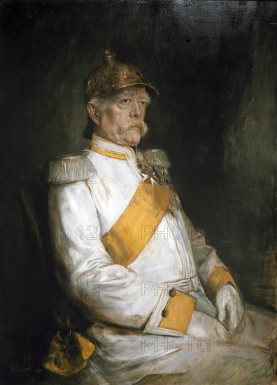 Otto von Bismark aged 75 in a Prussian uniform. Painting. 1890 German politician and statesman. From 1862 to 1890 — with a brief interruption in 1873, Minister President in Prussia, from 1867 to 1871 also Chancellor of the North German Confederation. From 1871 to 1890 he was the first Reich Chancellor of the German Empire. In the Franco-Prussian War of 1870/71, he was the driving force behind the founding of the German Empire. With his alliance policy, he focused on balancing European powers in foreign policy and opposed German colonial policy for a long time. contemporary history, historical