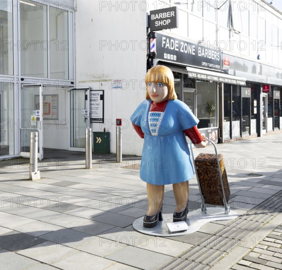 Beryl Cook 'Cheerful Shopper' figure woman shopper, Market Avenue, city centre of Plymouth, Devon, England, UK