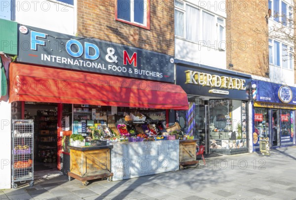 Local shops in city centre of Plymouth, Devon, England, UK international food and butchers