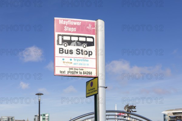 Traveline bus stop sign, Mayflower Steps, Sutton Harbour, the Barbican, Plymouth, Devon, England, UK