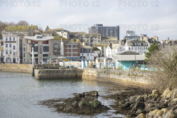 Coastal view to the Barbican and Sutton Harbour, Plymouth, Devon, England, UK