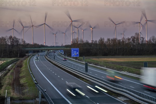 Borsum wind farm, near Rhede, on the A31 motorway, the wind farm was put into operation in 2001 and repowered in 2024, 13 old turbines were dismantled and replaced with 8 new Enercon E160 wind turbines and an Enercon E147, with a total output of almost 50 MW, Lower Saxony, Germany