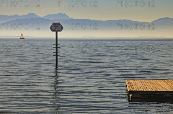 Bathing platform in Lake Constance with the Swiss mountains with the Säntis massif in the background, Bavaria, Germany