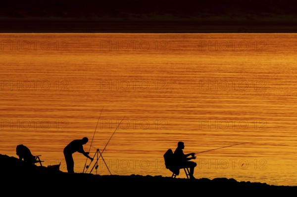 Silhouette of two recreational anglers, fishermen with several fishing rods angling at sunset