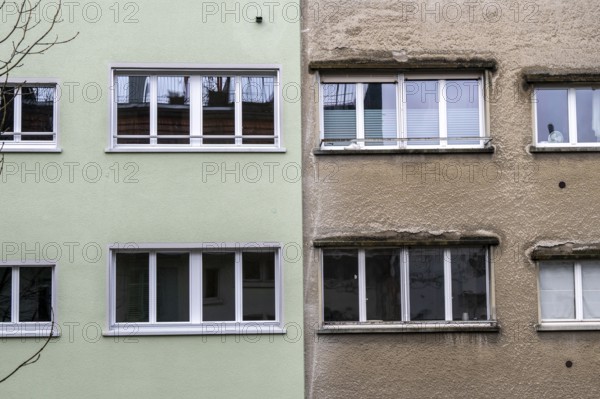 Windows, gray house facades, a house is renovated, renovation, modernization, contrast, difference, old new, Zürich, Switzerland