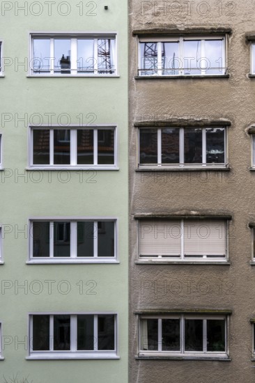 Windows, gray house facades, a house is renovated, renovation, modernization, contrast, difference, old new, Zürich, Switzerland