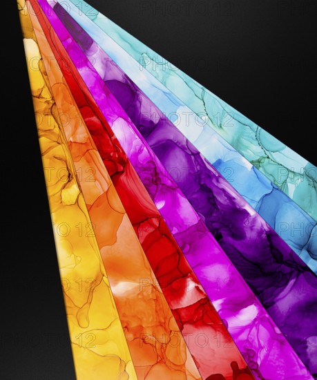 Diagonal lines of colors inks with a liquid texture in paper create a striking contrast against a dark background. Perfect for modern art, design elements, and bold projects