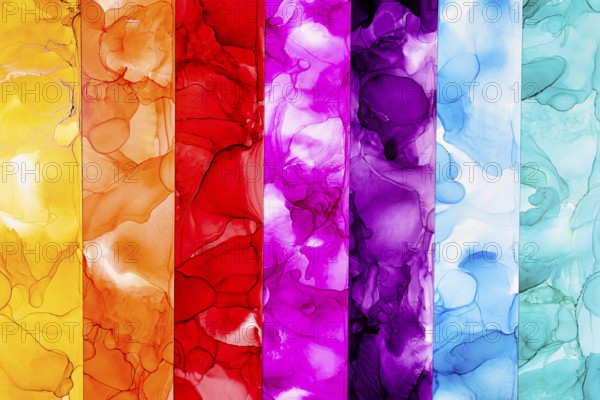 A vibrant abstract art piece featuring vertical stripes of vivid alcohol ink in yellow, orange, red, pink, purple, blue, and teal. Perfect for modern design projects on paper