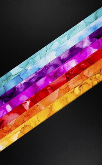 A striking abstract image featuring diagonal stripes in vibrant hues like blue, purple, red, and yellow against a dark background, highlighting color contrast and fluid shapes