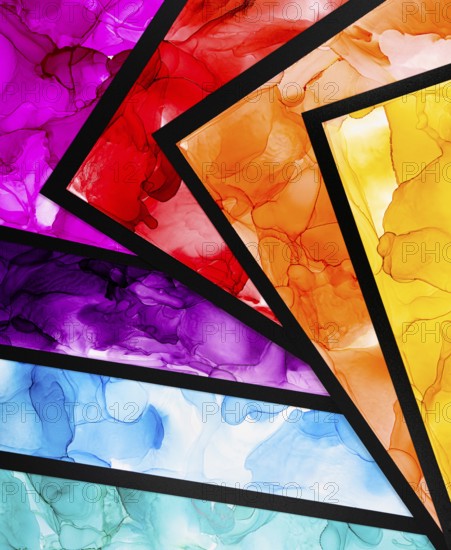 A stunning composition showcases layers of multicolored ink wash art creating a vibrant, abstract visual. Bold pink, red, orange, and blue hues merge with fluidity