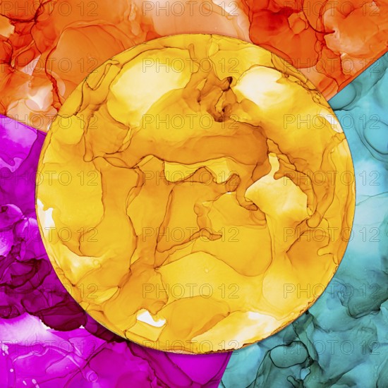 An eye catching abstract art piece showcasing a vibrant circular design on paper. The fluid colors blend seamlessly, creating an energetic and dynamic visual experience