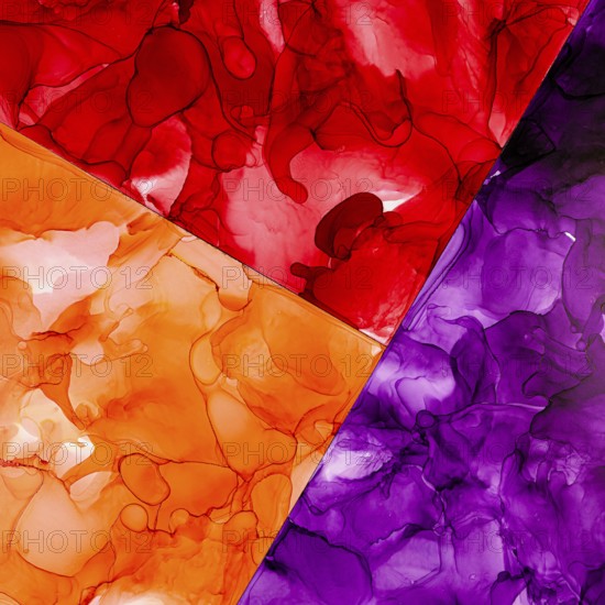 A dynamic blend of red, orange, and purple inks form an abstract color pattern on paper. The overlapping colors create fluid and bold textures, perfect for artistic backgrounds