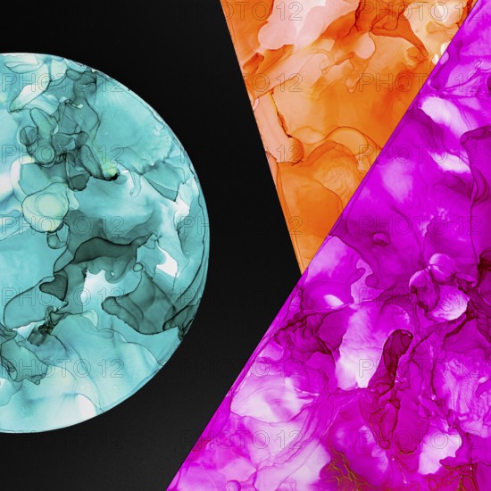 Abstract artwork featuring vibrant teal, orange, and magenta fluid shapes arranged geometrically on a dark background, creating a striking and dynamic visual contrast on paper