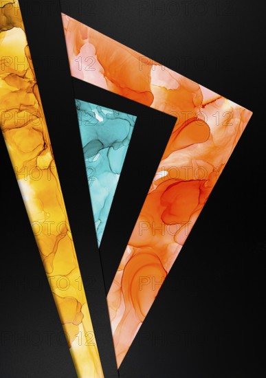A vibrant abstract design featuring triangular shapes with fluid ink patterns in orange, yellow, and teal, contrasted against a black background on paper. Perfect for modern art lovers