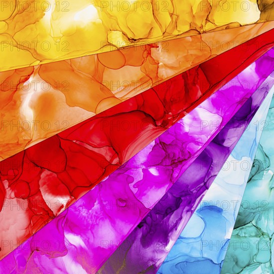 Vibrant abstract artwork featuring layers of colors liquid textures on paper. The overlapping hues create a dynamic and lively visual, perfect for artistic designs