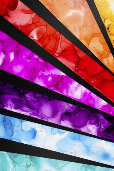 Diagonal layers of colorful ink create a dynamic abstract composition in paper. Vivid reds, purples, blues, and greens contrast with a sleek black background, forming a striking visual contrast