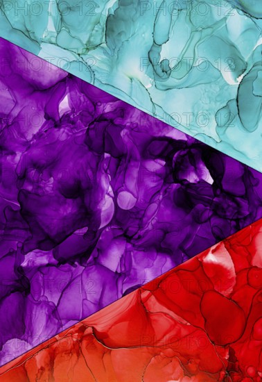 Vibrant abstract background featuring geometric sections in shades of purple, red, and teal on paper. Fluid ink textures create a dynamic and artistic visual effect